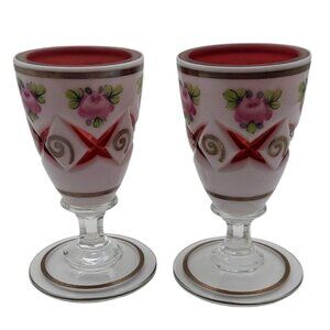 Vintage Czech Bohemian Moser Cranberry Glass Cordials Floral White Overlay Pair